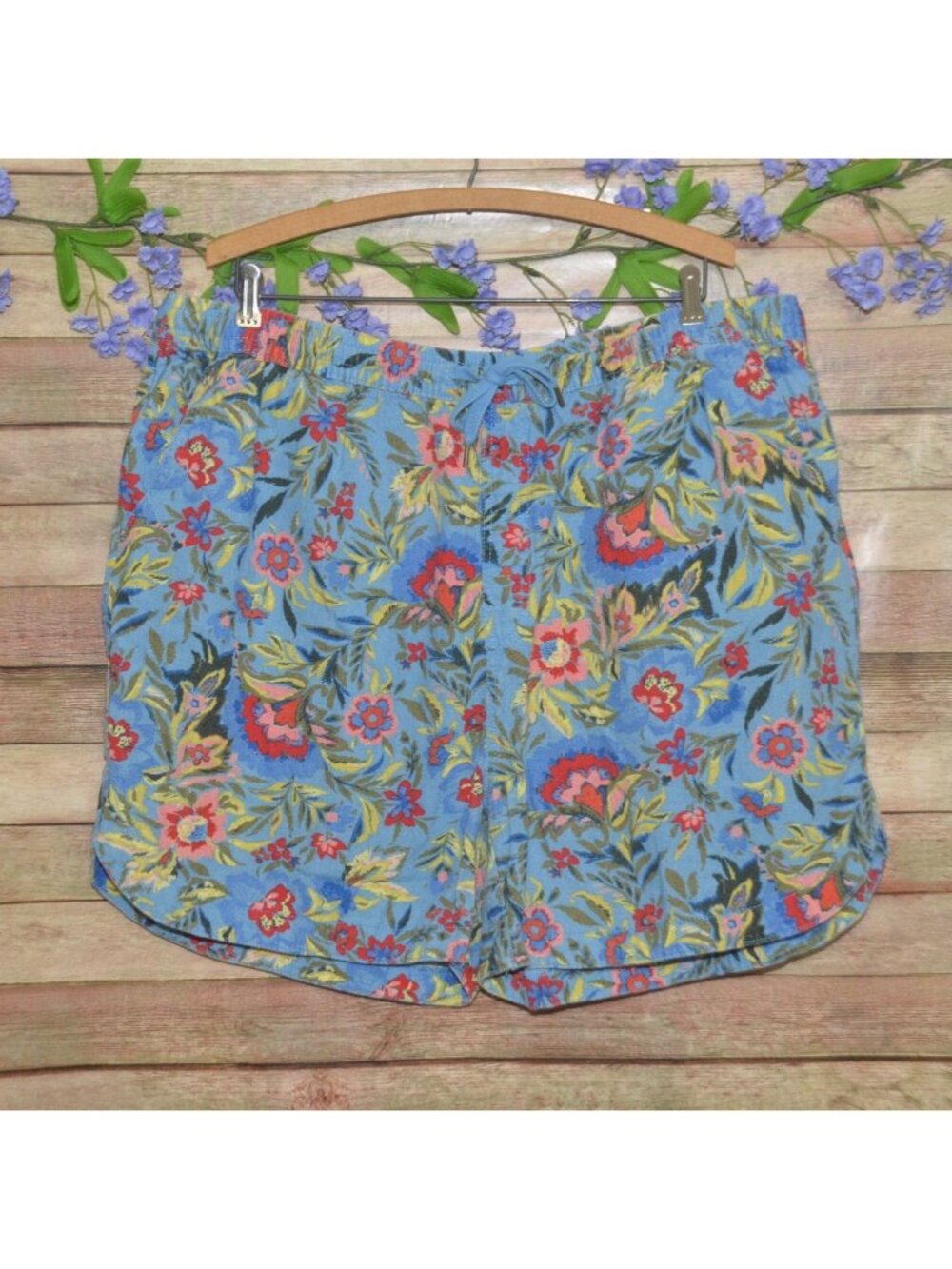 Terra & Sky Pull On Drawstring Linen Rayon Shorts Womens Plus SZ 1X Folk Floral